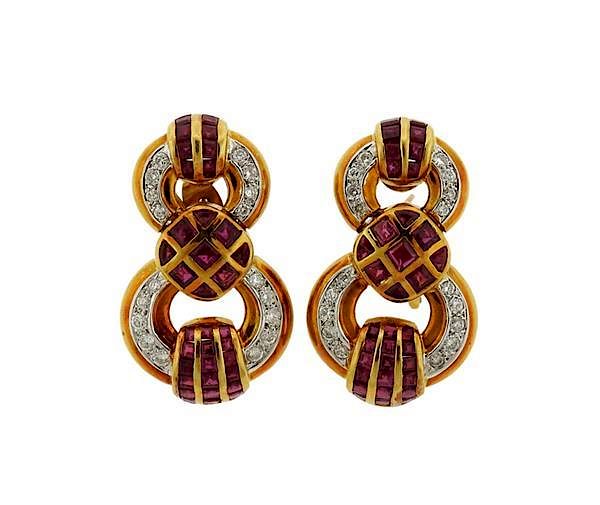 Appraisal: K Gold Diamond Red Stone Earrings METAL K Gold GEMSTONES