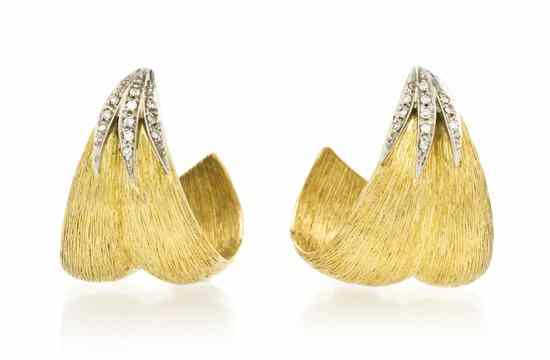 Appraisal: A Pair of Karat Yellow Gold and Diamond Earrings containing