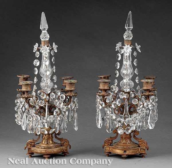 Appraisal: A Pair of American Gilt Bronze and Crystal Four-Light Girandoles