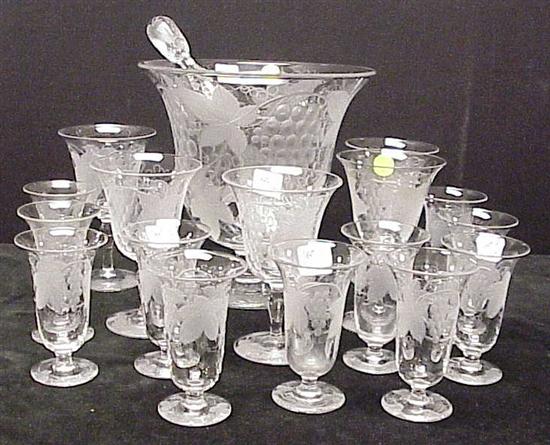 Appraisal: Cut and etched glass likely Pairpoint punch bowl eleven footed