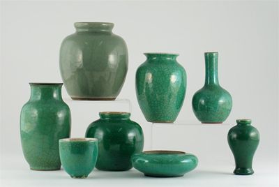 Appraisal: Five Chinese green crackle-glazed vases a similar U-shaped bowl and