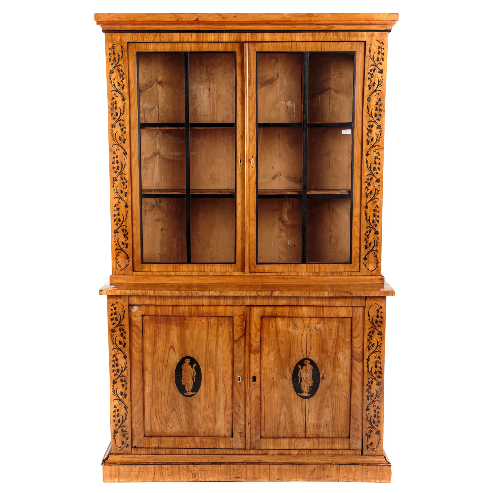 Appraisal: BIEDERMEIER INLAID SATIN WOOD CHINA CUPBOARD Circa two-part china cupboard