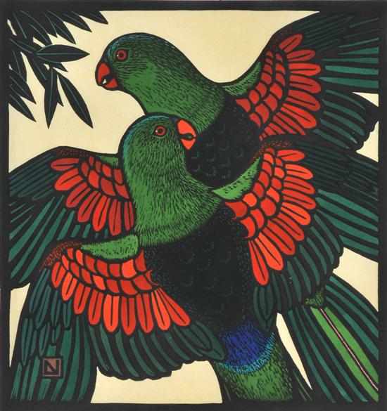 Appraisal: Leslie Van der Sluys - Red Winged Parrots linocut x