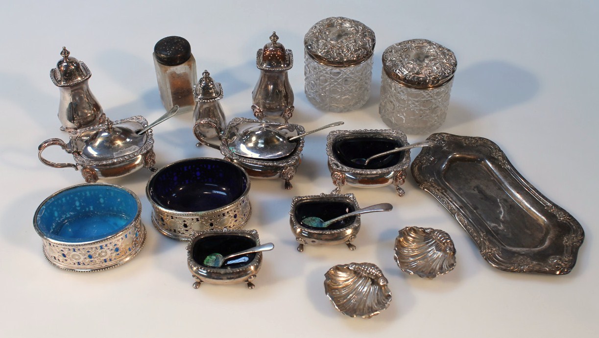 Appraisal: Various silver and silver plated condiment items and two silver