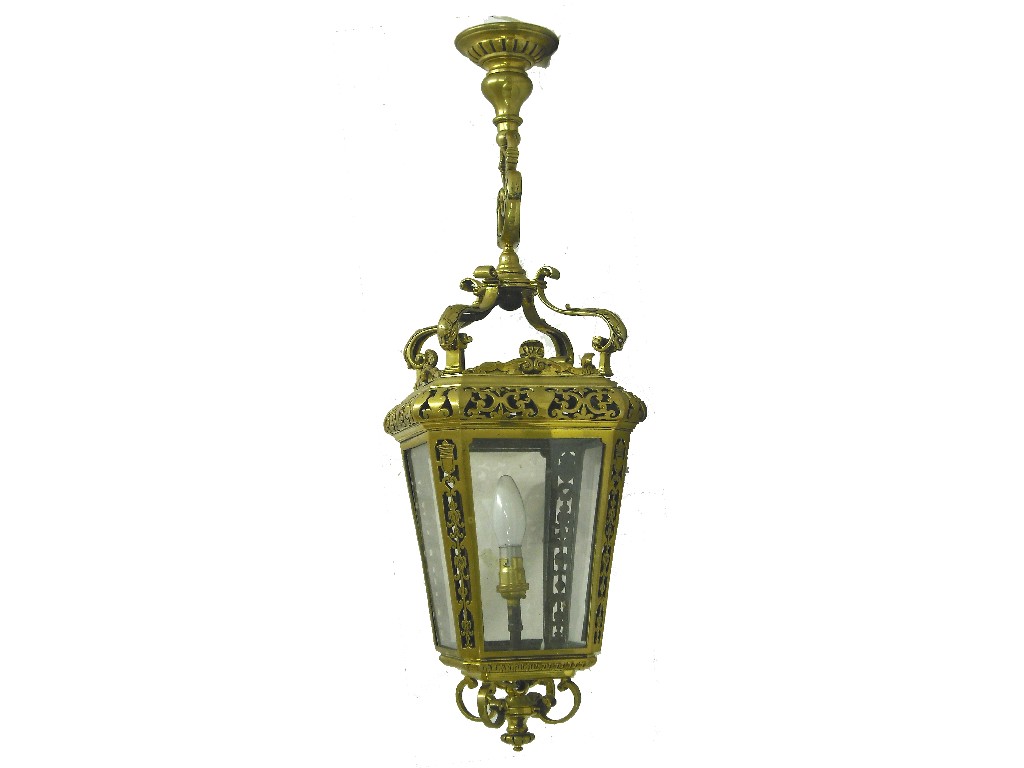 Appraisal: Brass square sectional hall lantern with foliate pierced top and