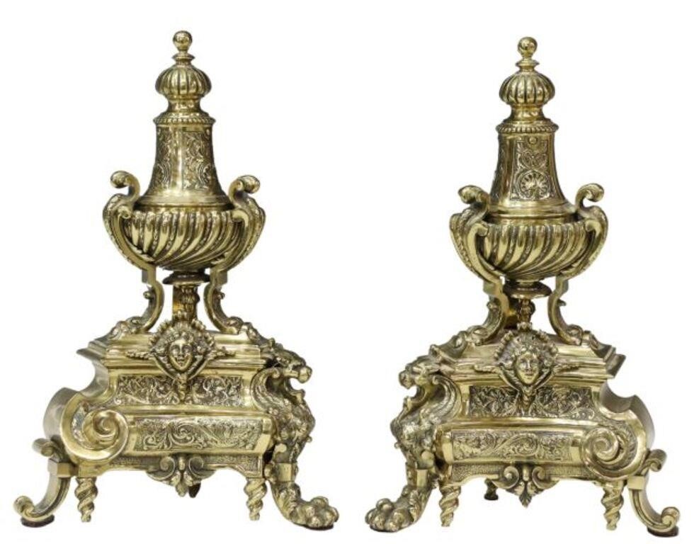 Appraisal: pair French Neoclassical brass chenets andirons th c urn-form finial