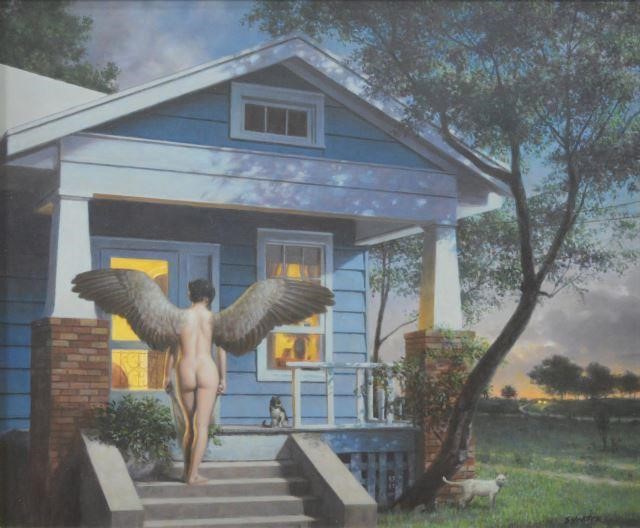 Appraisal: Framed oil on Masonite painting Evening at the Blue House