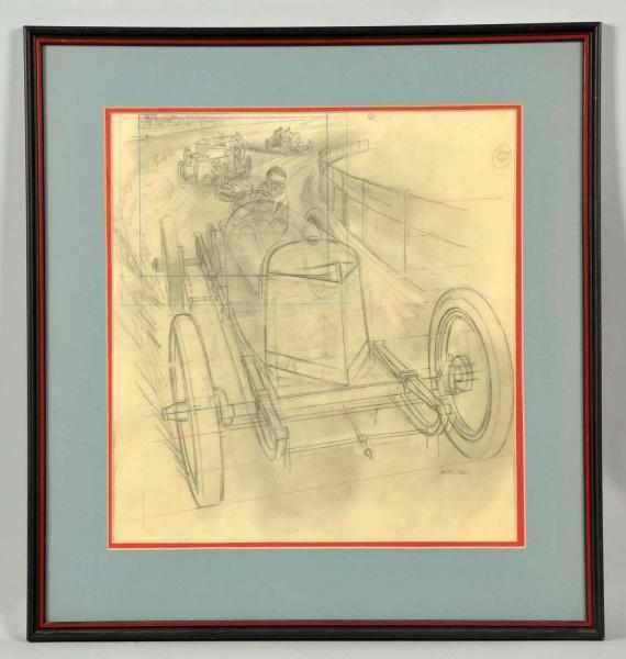 Appraisal: Pencil Drawing of Race Cars Signed HELD Matted and framed