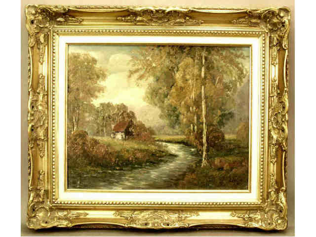 Appraisal: Old oil on canvas landscape painting of a cabin next