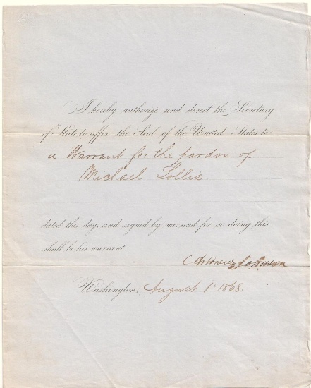 Appraisal: PRESIDENTIAL PARDON JOHNSON ANDREW Partly-printed Document Signed as President ordering