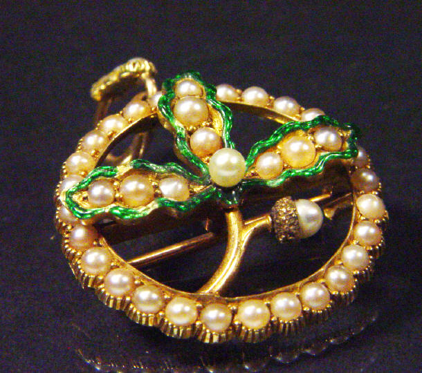 Appraisal: ct gold green enamel and pearl acorn bar brooch or