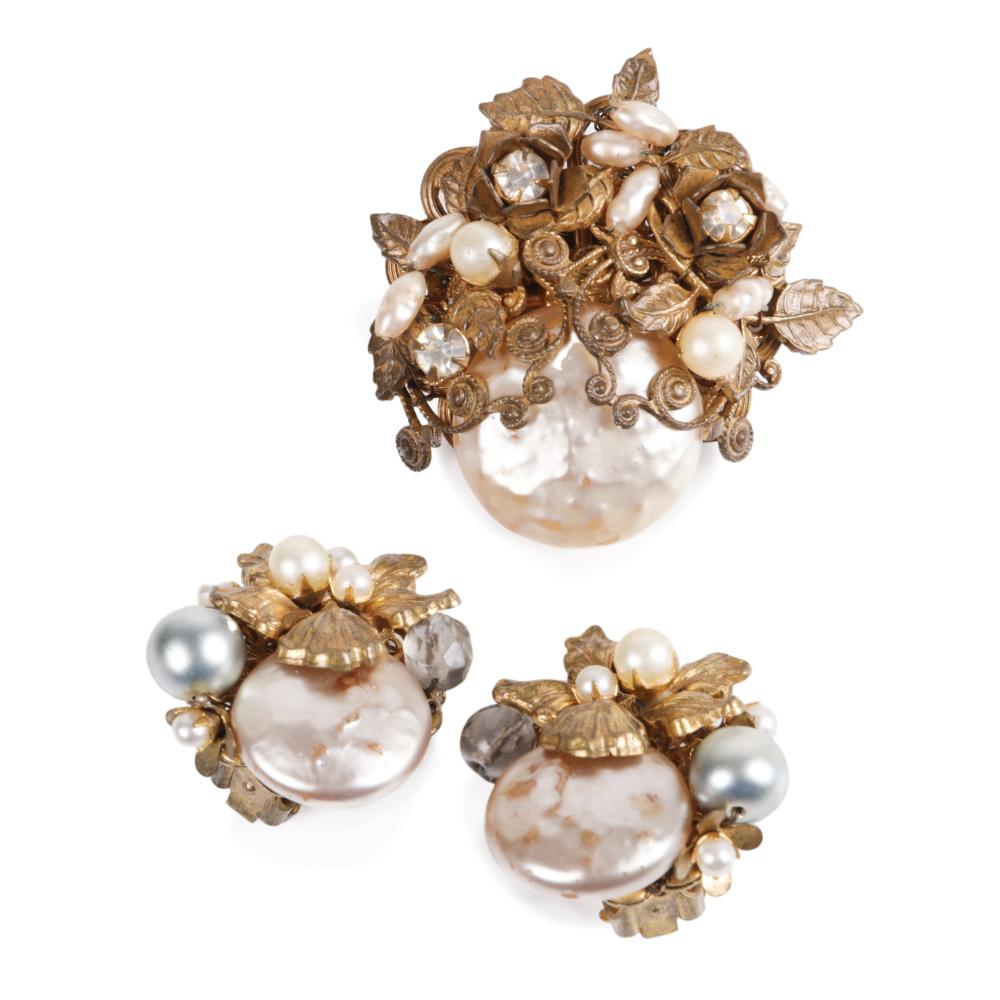 Appraisal: MIRIAM HASKELL FAUX PEARL EARRING AND BROOCH SET WITH GOLD