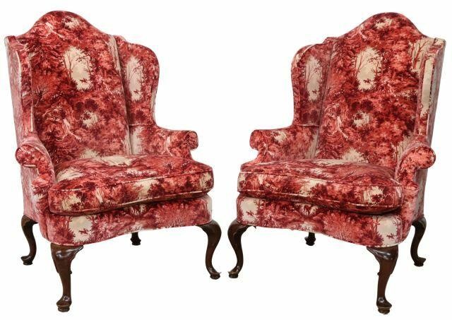 Appraisal: pair Queen Anne style wingback armchairs late th c velvet