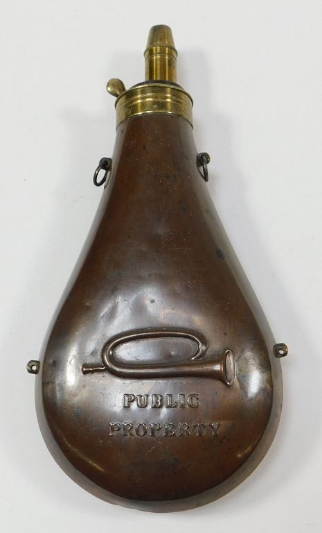 Appraisal: James Baker Public Property Powder Flask England C - Brass