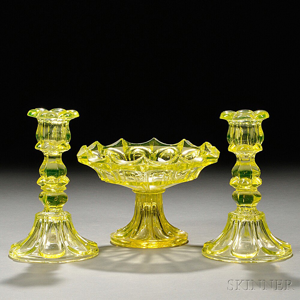 Appraisal: Three Vaseline Pressed Glass Items probably mid to late th