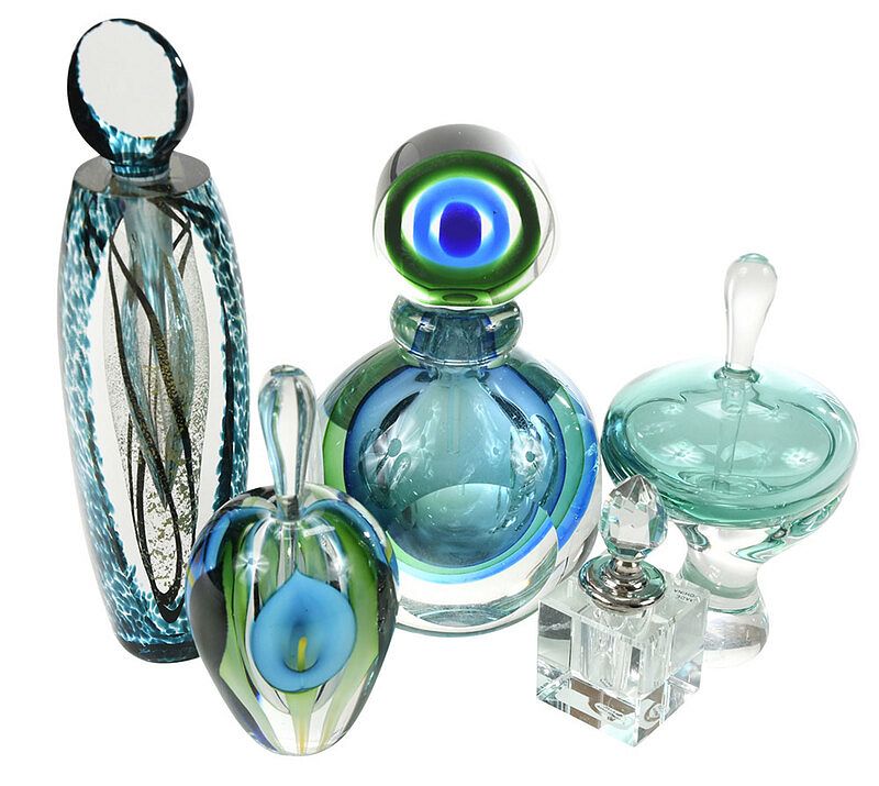 Appraisal: Five Art Glass Studio Perfume Bottles including small cased bottle