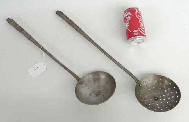 Appraisal: Lot including th c brass inlaid strainer and ladle