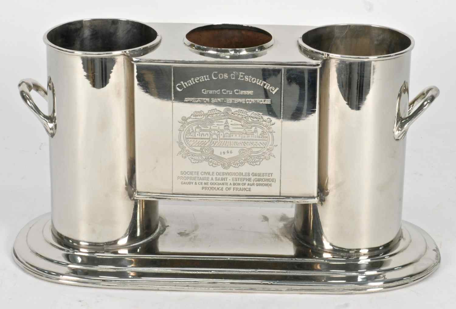 Appraisal: NICKEL PLATED WINE COOLERBottle holders flank an ice compartment inscribed