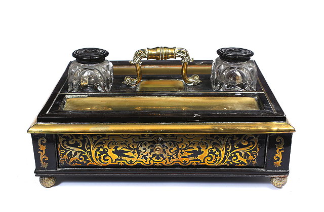 Appraisal: A TH CENTURY ORMOLU DESK STAND with boulle work decoration