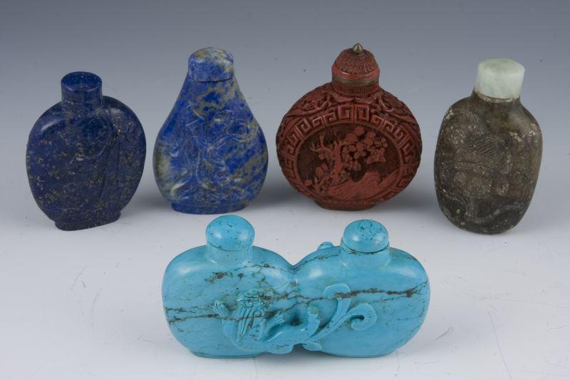 Appraisal: Five Chinese Stone Cinnabar Snuff Bottles including one double form