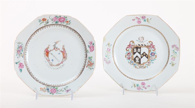 Appraisal: TWO CHINESE EXPORT FAMILLE ROSE ARMORIAL PORCELAIN OCTAGONAL PLATES The