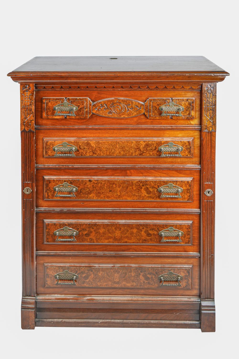 Appraisal: EASTLAKE WALNUT LOCKSIDE CHESTlate th century with five long drawers