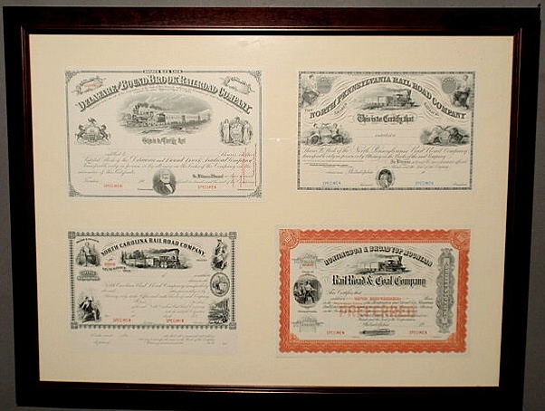 Appraisal: Four railroad stock certificates in one frame- Delaware Boundbrook North