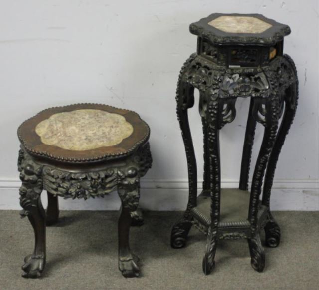 Appraisal: Chinese Carved Hardwood Tables with MarbleInserts Nice quality Larger one