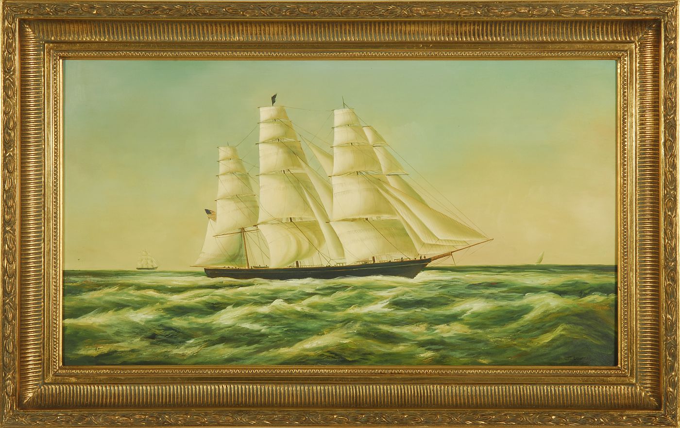 Appraisal: FRAMED PAINTING An American clipper ship under full sail flying