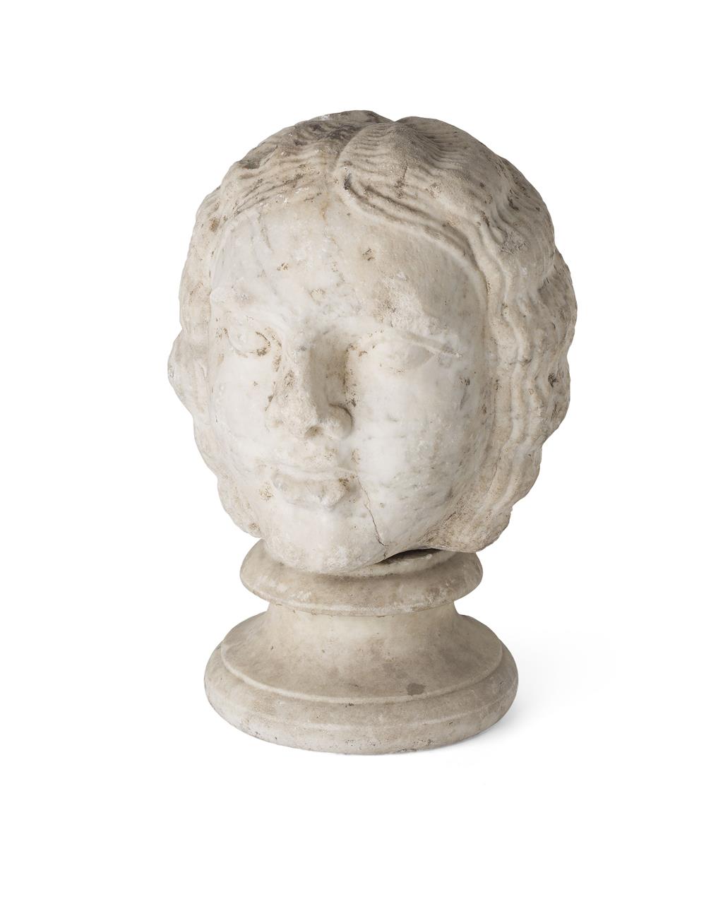 Appraisal: GRECO-EGYPTIAN MARBLE HEAD the white marble head carved as a