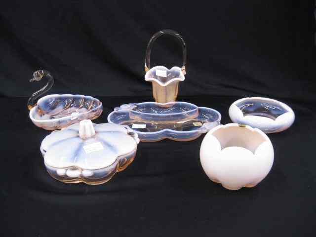 Appraisal: pcs Duncan Peach Opalescent Art Glass divided box basket swan