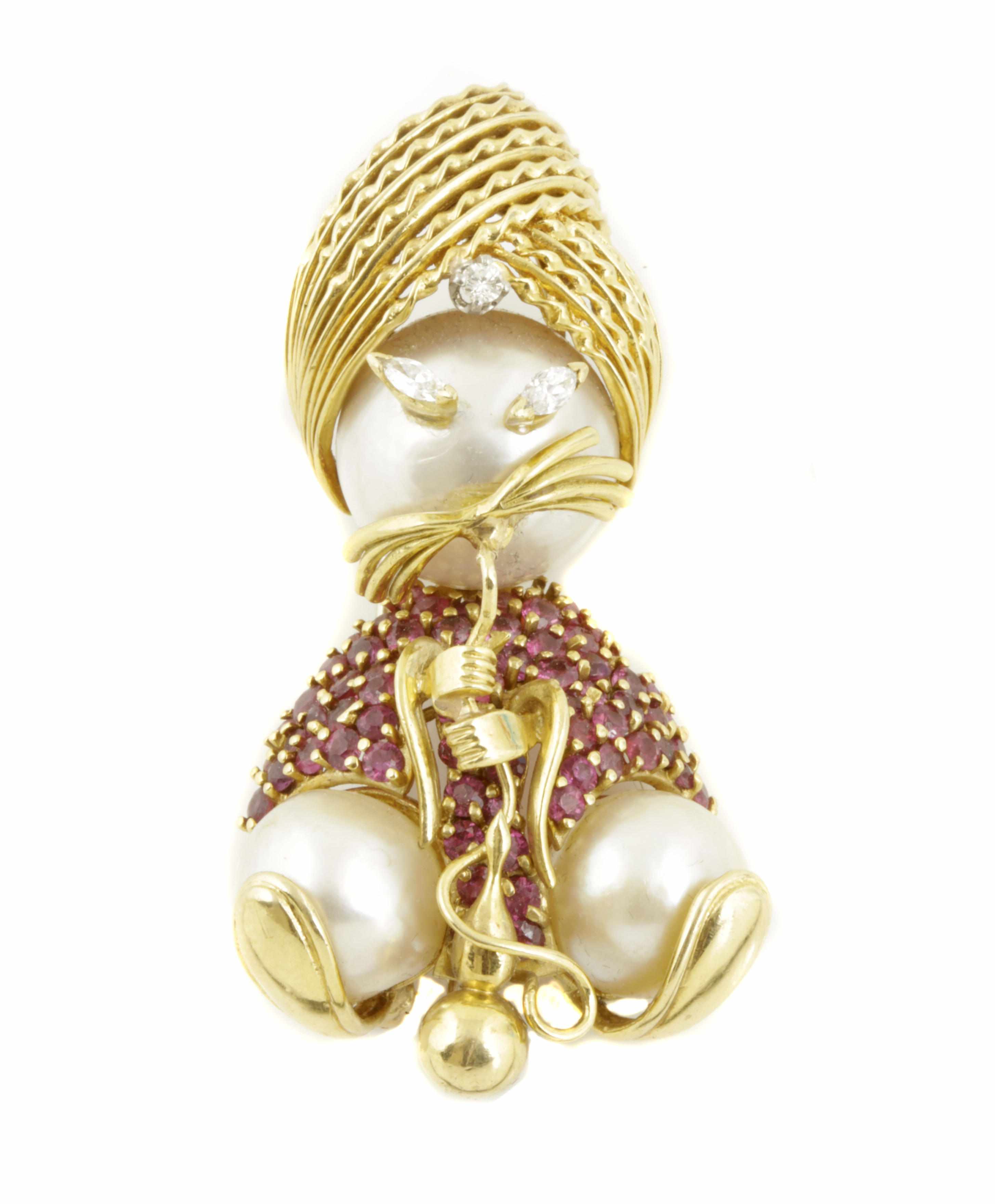 Appraisal: A cultured pearl ruby diamond and eighteen karat gold brooch