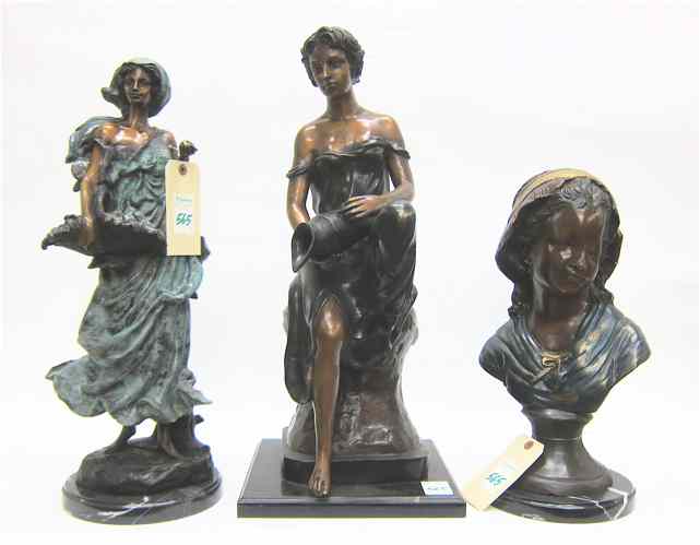 Appraisal: THREE BRONZE FEMALE FIGURES ''H bust ''H lady with basket