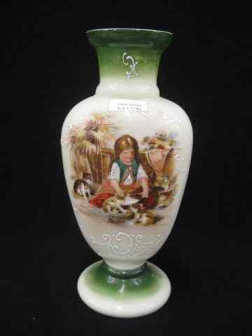 Appraisal: Victorian Art Glass Vase enameled scene of girl with cats