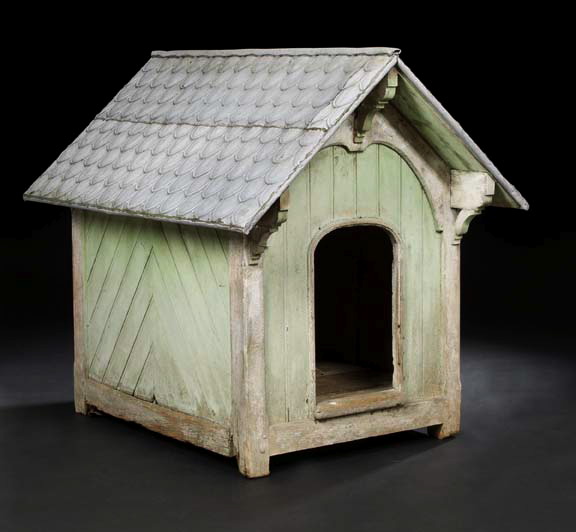 Appraisal: Chalet-Style Embossed Tin and Painted Bead-Board Dog House early th