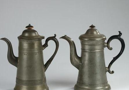 Appraisal: TWO PEWTER LIGHTHOUSE COFFEE POTS STAMPED I TRASK AND WESTBROOK