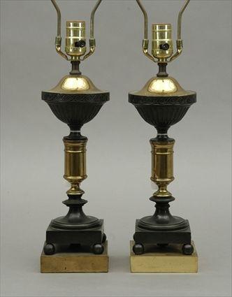 Appraisal: Pair of Brass and Patinated-Bronze Oil Lamps