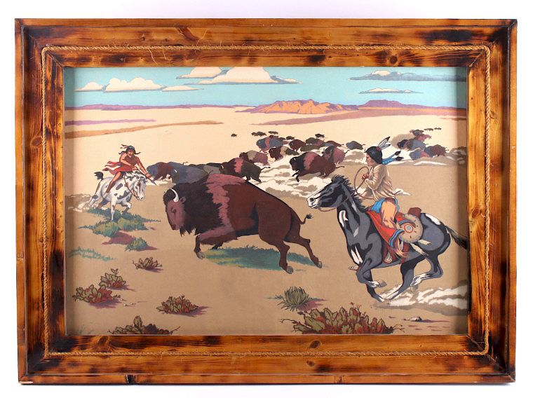 Appraisal: Rustic Framed Original Buffalo Hunt Painting This is a rustic