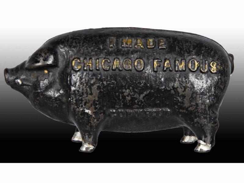 Appraisal: Cast Iron I Made Chicago Famous Still Bank Description -