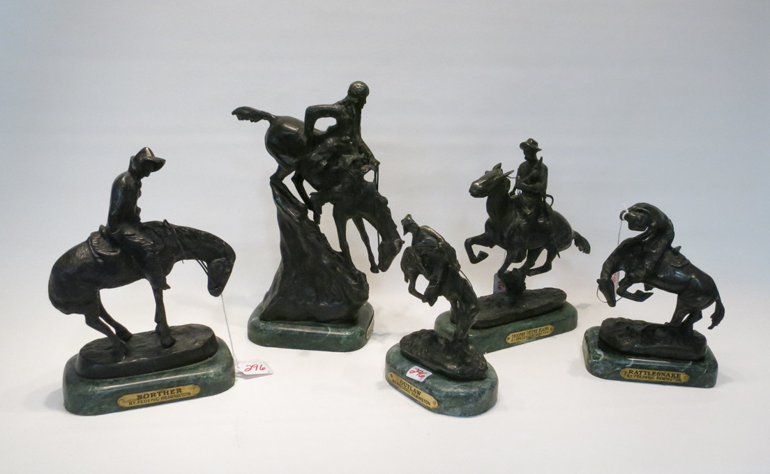 Appraisal: FIVE CAST BRONZE SCULPTURES AFTER FREDERIC REMINGTON Rattlesnake Trooper of