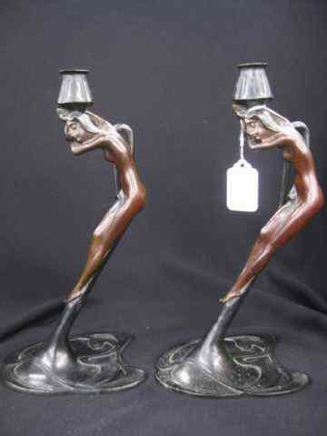 Appraisal: Pair of Art Nouveau Style Bronzed Candlesticks nude woman ''