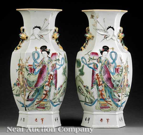 Appraisal: A True Pair of Chinese Famille Rose Porcelain Faceted Vases