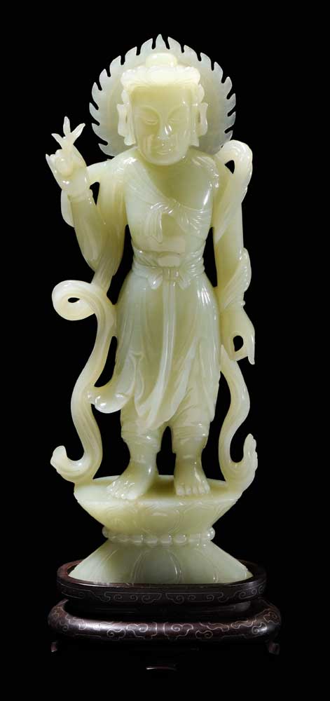 Appraisal: Yellow Jade Bodhisattva Chinese even-toned greenish-yellow jade with minor inclusions