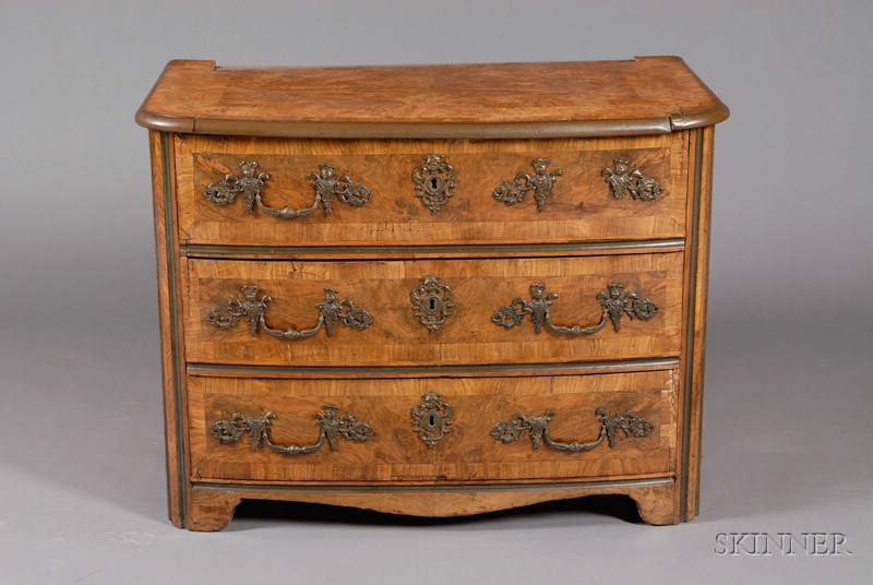 Appraisal: French Baroque Walnut and Crossbanded Three-Drawer Chest slightly bowfronted top