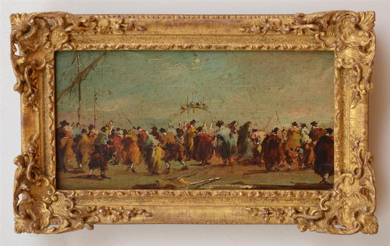 Appraisal: CONTINENTAL SCHOOL FIGURES ON AN EMBANKMENT Oil on wood unsigned