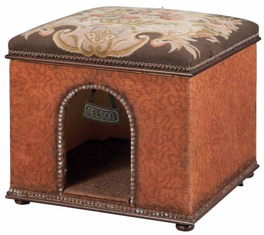 Appraisal: Needlework Covered Dog House The hinged square top depicting a