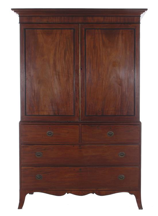 Appraisal: English mahogany linen press mid th century molded crown panel