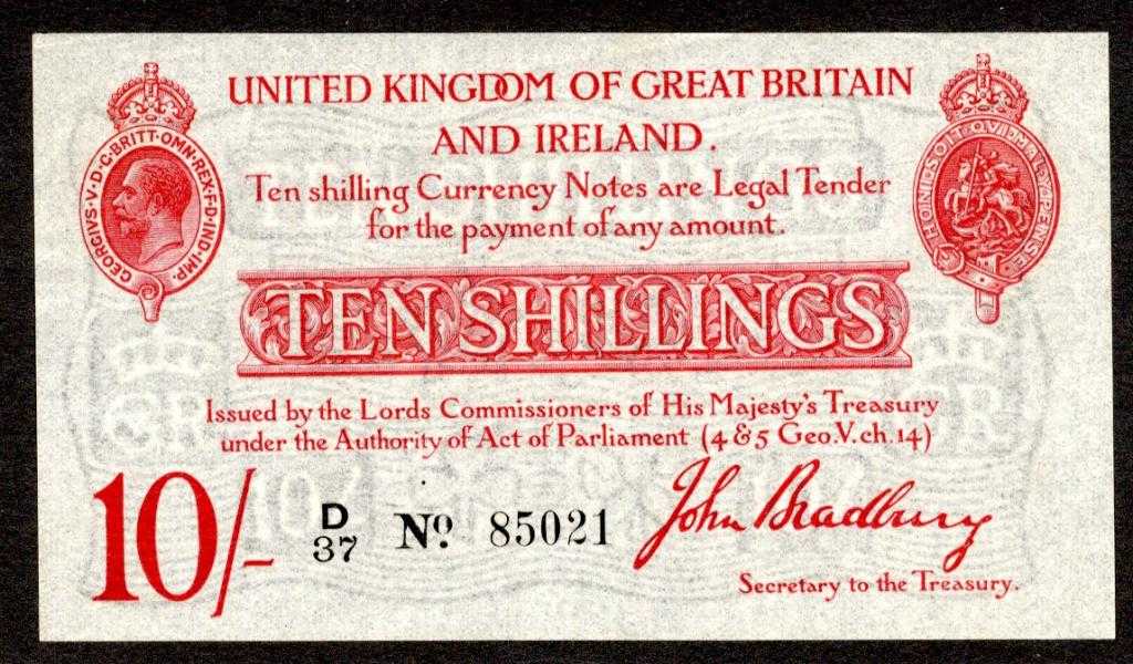 Appraisal: TREASURY JOHN BRADBURY SECOND ISSUE TEN SHILLINGS D No DUGG