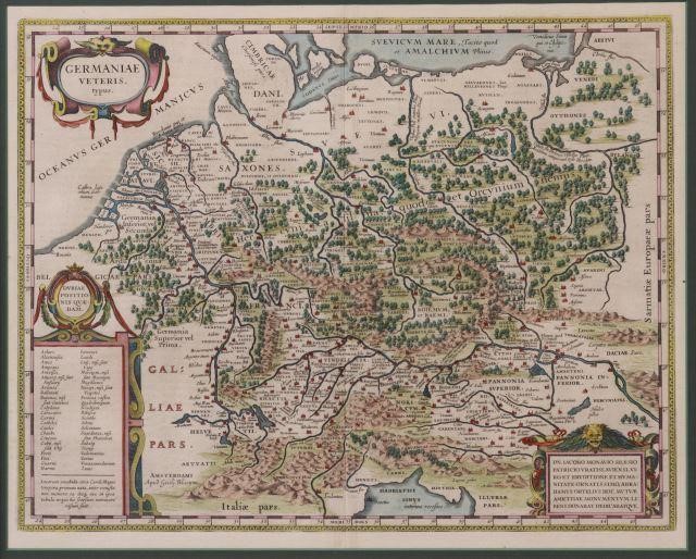 Appraisal: Framed hand-painted map of Germany engraved and illustrated after Jacob