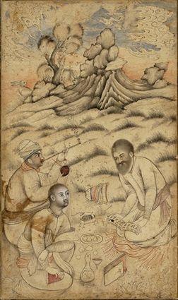 Appraisal: PERSIAN MANUSCRIPT PAGE Watercolor laid down on board showing figures